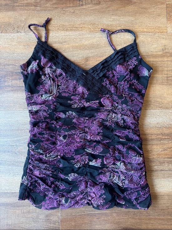 Mexx Black & Purple Floral Lace Trim Cami Top Ruched V-Neck Y2K Sheer Mesh Tank - Picture 11 of 12
